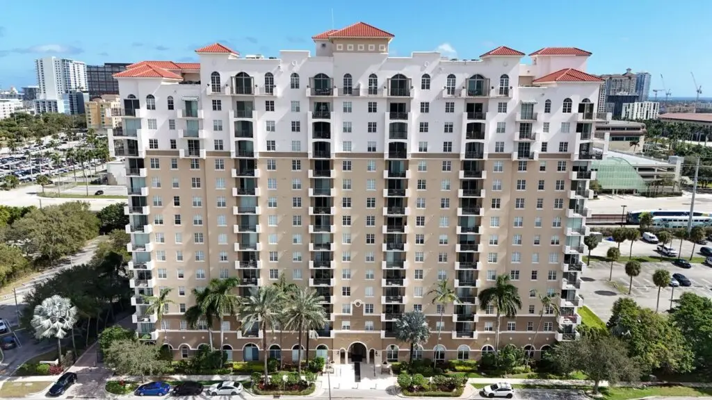 Aerial-View-Of-Mediterranean-Style-High-Rise-Condo-Building