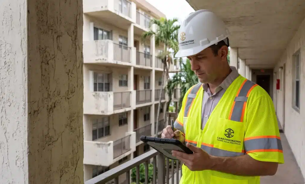 C.A.R.E. Construction inspector reviewing a condo building during a 40-year recertification inspection