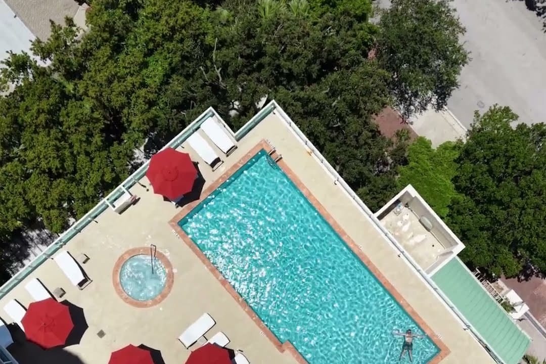 Aerial view of the Arya Hotel pool deck in Coconut Grove