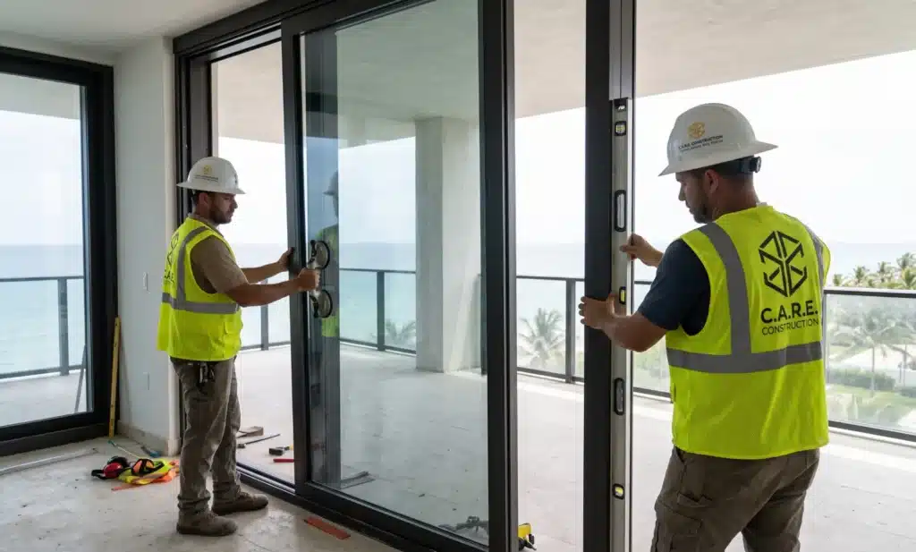 C.A.R.E. Construction crew installing an impact-rated sliding glass door in an oceanfront condo
