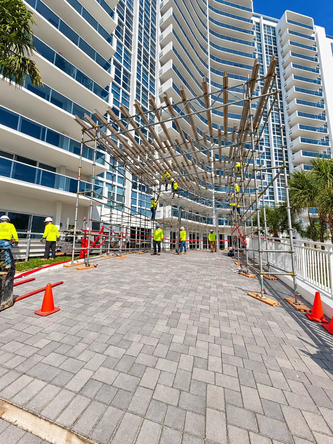 C.A.R.E. Construction crew working inside a barricaded scaffolding work zone at an oceanfront condo tower