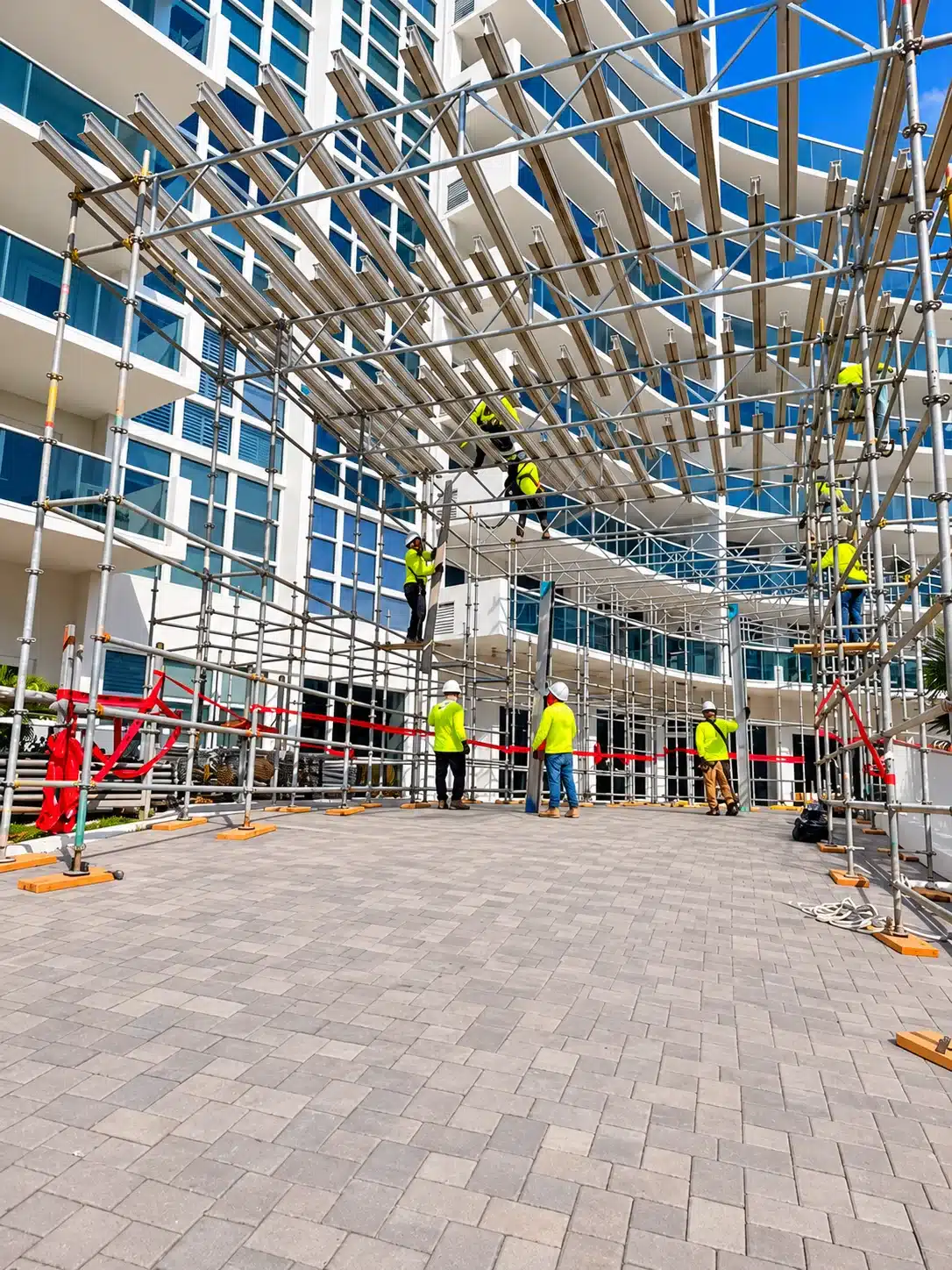 C.A.R.E. Construction crew safely installing scaffolding at the entrance of a South Florida condo